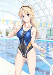 Rule 34 | 1girl, absurdres, ahoge, black hairband, blonde hair, blue eyes, breasts, collarbone, commentary request, competition swimsuit, covered navel, feet out of frame, hairband, highleg, highleg swimsuit, highres, indoors, kohagura ellen, lane line, long hair, medium breasts, multicolored clothes, multicolored swimsuit, one-piece swimsuit, pool, pool ladder, solo, standing, string of flags, swimsuit, takafumi, toji no miko, v, variant set