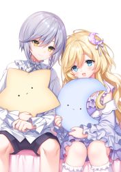 Rule 34 | 2girls, :d, black shorts, blonde hair, blue eyes, blue jacket, braid, closed mouth, commission, crescent, crescent hair ornament, dress, feet out of frame, frilled dress, frilled socks, frills, grey hair, hair between eyes, hair ornament, highres, holding, holding pillow, jacket, long hair, long sleeves, multiple girls, open mouth, original, pillow, pixiv commission, purple dress, sacraneco, shirt, shorts, simple background, single braid, sitting, sleeves past wrists, smile, socks, star-shaped pillow, very long hair, white background, white shirt, white socks, yellow eyes