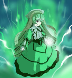 Rule 34 | 00s, 1girl, brown hair, clenched hands, full body, green theme, head scarf, long hair, monochrome, rozen maiden, serious, simple background, solo, straightchromia, suiseiseki, very long hair
