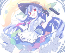 Rule 34 | 1girl, :d, apron, blouse, blue hair, blue skirt, center frills, commentary request, cowboy shot, floating hair, food, frills, fruit, hat, highres, hinanawi tenshi, long hair, looking at viewer, narira, necktie, open hands, open mouth, outstretched arms, peach, puffy short sleeves, puffy sleeves, rainbow gradient, rainbow order, red eyes, red necktie, see-through, shirt, short sleeves, skirt, skirt set, smile, solo, sword of hisou, teeth, touhou, upper teeth only, upskirt, very long hair, white apron, white shirt, ||/
