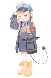 Rule 34 | 1girl, absurdres, armband, black jacket, black necktie, black skirt, blonde hair, blue archive, blue undershirt, blush, bow, collared shirt, demon tail, double side ponytail, fang, footwear bow, hair tie, halo, hand under clothes, hat, highres, holding, holding stuffed toy, jacket, knee blush, light blush, looking at viewer, low wings, military rank insignia, necktie, police, police hat, police uniform, policewoman, shirt, skirt, solo, stuffed animal, stuffed toy, tail, teddy bear, uniform, white background, wings, wrist cuffs, yellow eyes, yellow footwear, yellow halo