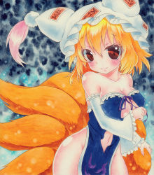 Rule 34 | 1girl, adapted costume, animal ears, bad id, bad pixiv id, bare shoulders, blonde hair, breasts, brown eyes, china dress, chinese clothes, cleavage, cleavage cutout, clothing cutout, detached sleeves, dress, female focus, fox ears, fox tail, hat, multiple tails, qqqrinkappp, revealing clothes, short hair, smile, tail, touhou, traditional media, watercolor pencil (medium), yakumo ran