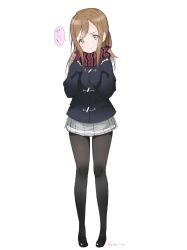 Rule 34 | &gt;:), 10s, 1girl, bad id, bad twitter id, black footwear, black pantyhose, brown hair, closed mouth, coat, duffel coat, full body, grey skirt, hands up, hashimoto mari, kunikida hanamaru, loafers, long hair, looking at viewer, love live!, love live! school idol festival, love live! sunshine!!, mari (rubymaririn), pantyhose, pleated skirt, red scarf, scarf, school uniform, shoes, simple background, skirt, sleeves past wrists, smile, smug, solo, speech bubble, standing, striped clothes, striped scarf, swept bangs, twitter username, v-shaped eyebrows, white background, yellow eyes, zura (phrase)
