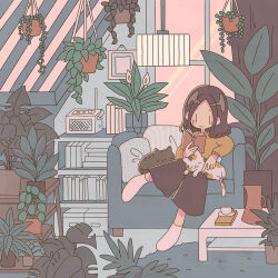 Rule 34 | 1girl, book, brown hair, cat, coffee table, holding, holding book, indoors, kaiami, long sleeves, open book, original, plant, potted plant, reading, short hair, sitting, socks, solo, table, white socks