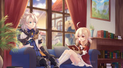 Rule 34 | 1boy, 3girls, :d, absurdres, ahoge, albedo (genshin impact), azuyuki, barbara (genshin impact), belt, black gloves, blonde hair, bloomers, blue eyes, blurry, book, bookshelf, bow, brown gloves, building, capelet, clover print, coat, commentary, couch, curtains, depth of field, drill hair, elbow gloves, english commentary, eyes visible through hair, from behind, genshin impact, gloves, hair between eyes, hair bow, hair ribbon, highres, holding, holding book, jean (genshin impact), klee (genshin impact), light brown hair, long hair, long sleeves, looking at another, low twintails, multiple girls, no headwear, open mouth, orange eyes, pointy ears, ponytail, reading, red coat, ribbon, siblings, sidelocks, silver hair, sisters, sitting, smile, twilight, twin drills, twintails, underwear, vision (genshin impact), window
