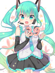 Rule 34 | 1girl, 39, :d, black skirt, blue eyes, blue necktie, blush, collared shirt, commentary request, detached sleeves, frilled shirt, frills, gradient hair, green hair, hair between eyes, hair ornament, hands up, hatsune miku, headphones, headset, highres, ikari (aor3507), long hair, long sleeves, looking at viewer, multicolored hair, necktie, open mouth, pleated skirt, shirt, skirt, sleeveless, sleeveless shirt, sleeves past wrists, smile, solo, twintails, very long hair, vocaloid, white shirt