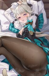 Rule 34 | 1girl, absurdres, amco, animal ear fluff, animal ears, arms up, ass, black pantyhose, black thighhighs, blush, bow, breasts, cat ears, cat girl, cat tail, cuffs, facial mark, genshin impact, grey hair, handcuffs, highres, long hair, long sleeves, looking at viewer, looking down, lynette (genshin impact), on bed, pantyhose, purple eyes, solo, star (symbol), star facial mark, tail, thighhighs