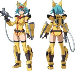 Rule 34 | 1girl, airbrush, blue hair, character sheet, gundam, gundam build divers, gundam build divers re:rise, holding, looking to the side, mecha musume, mechanical ears, nami (gundam build divers), nanase nanami (gundam build divers), official art, short hair, thighhighs, transparent background