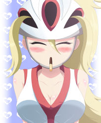 Rule 34 | 1girl, absurdres, blonde hair, blush, breasts, cleavage, closed eyes, creatures (company), game freak, gym leader, high ponytail, highres, korrina (pokemon), koukyokusei, large breasts, nintendo, pokemon, pokemon xy, ponytail, solo, tagme, two side up