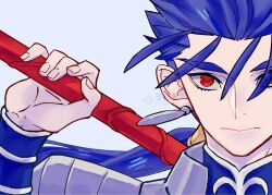 Rule 34 | 1boy, armor, blue background, blue hair, closed mouth, cu chulainn (fate), cu chulainn (fate/stay night), earrings, expressionless, fate/stay night, fate (series), fingernails, gae bolg (fate), highres, holding, holding polearm, holding weapon, jewelry, kouren (k01 numa), long hair, looking at viewer, low ponytail, male focus, polearm, portrait, red eyes, shoulder armor, simple background, solo, straight-on, twitter username, weapon