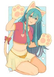 Rule 34 | 1girl, animal ears, aqua hair, bell, blush, cat, cat ears, cat girl, cat tail, eirika (fire emblem), fire emblem, fire emblem: the sacred stones, highres, jivke, kemonomimi mode, long hair, looking at viewer, nintendo, paw pose, skirt, smile, solo, tail, thighhighs
