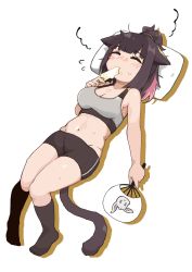 Rule 34 | 1girl, animal ears, arknights, black hair, black shorts, black socks, blush, breasts, cat ears, cat tail, cleavage, closed eyes, flying sweatdrops, food, grey sports bra, groin, hand fan, highres, holding, holding fan, holding food, jessica (arknights), kumamu, large breasts, lying, midriff, multicolored hair, navel, on back, pillow, pink hair, ponytail, popsicle, short shorts, shorts, simple background, socks, solo, sports bra, streaked hair, tail, white background