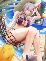 Rule 34 | 1girl, absurdres, ass, azur lane, bag, beach, bikini, bird, black choker, blurry, blurry foreground, breasts, cafenami, choker, cross-laced bikini, cross-laced clothes, day, dutch angle, earrings, flower, foot out of frame, from below, grey hair, hair between eyes, hammock, hat, hat flower, highres, jewelry, large breasts, large hat, long hair, looking at viewer, looking down, manjuu (azur lane), ocean, official alternate costume, outdoors, palm tree, purple bag, purple bikini, purple eyes, red flower, reno (azur lane), reno (summer spin-off) (azur lane), revision, sandals, sitting, solo, swimsuit, tree, water