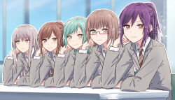 Rule 34 | 5girls, aqua eyes, aqua hair, arm support, bad id, bad twitter id, bang dream!, bishie sparkle, blazer, brown eyes, brown hair, brown necktie, bullfalk, clenched hand, closed mouth, collared shirt, commentary request, diagonal-striped clothes, diagonal-striped necktie, dress shirt, grey eyes, grey hair, grey jacket, hand on own cheek, hand on own face, haneoka school uniform, highres, hikawa hina, imai lisa, jacket, light brown hair, long hair, long sleeves, looking at viewer, looking to the side, minato yukina, multiple girls, necktie, ponytail, purple hair, school uniform, seta kaoru, shirt, sidelocks, sideways glance, sitting, smirk, sparkle, striped clothes, white shirt, winter uniform, yamato maya