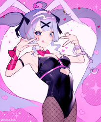 Rule 34 | 1girl, :q, ahoge, animal ears, black leotard, blue eyes, blue hair, breasts, clothing cutout, cuffs, double v, fake animal ears, fishnet pantyhose, fishnets, hair ornament, handcuffs, hatsune miku, heart cutout, highres, leotard, long hair, looking at viewer, medium breasts, pantyhose, playboy bunny, rabbit ears, rabbit hole (vocaloid), smile, solo, teardrop facial mark, tongue, tongue out, twintails, v, very long hair, virgo (artist), vocaloid, x hair ornament