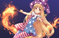 Rule 34 | 1girl, american flag dress, bare arms, blonde hair, blue background, blush, clownpiece, cowboy shot, dress, fire, frilled shirt collar, frills, hat, holding, jester cap, long hair, looking at viewer, oborofu, pantyhose, polka dot, red eyes, simple background, sleeveless, smile, solo, striped clothes, striped dress, torch, touhou, very long hair