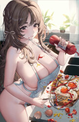 Rule 34 | 1girl, absurdres, apron, asparagus, blush, braid, bread, bread slice, breasts, brown eyes, brown hair, cherry tomato, cleavage, closed mouth, collarbone, commentary request, cooking, curtains, eggshell, food, food on body, fried egg, fried egg on toast, hair ribbon, highres, holding, holding spatula, ketchup, ketchup bottle, kitchen, large breasts, long hair, messy, naked apron, nude, original, plant, plate, potted plant, ribbon, sausage, sink, spatula, standing, subong, toast, tomato, very long hair, watermark, window