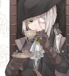 Rule 34 | 1girl, ascot, black hat, black jacket, bloodborne, brooch, brown gloves, cup, gloves, green eyes, hands up, hat, holding, holding cup, holding plate, jacket, jewelry, lady maria of the astral clocktower, long hair, long sleeves, low ponytail, maou skun, one eye closed, parted lips, plate, solo, tricorne, upper body, white ascot, white background, white hair