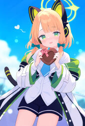 Rule 34 | 1girl, absurdres, animal ear headphones, animal ears, black shorts, blonde hair, blue archive, blush, bow, box, cat tail, collared shirt, cowboy shot, fake animal ears, gift, gift box, green bow, green eyes, green halo, hair bow, halo, headphones, heart, heart-shaped box, highres, holding, holding gift, jacket, long sleeves, midori (blue archive), open clothes, open jacket, open mouth, shirt, short hair, shorts, solo, tail, white jacket, white shirt, wide sleeves, zcx
