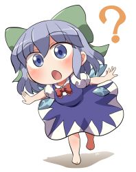 Rule 34 | 1girl, ?, barefoot, blue dress, blue eyes, blue hair, blush, bow, cirno, detached wings, dress, fairy, full body, green bow, hair between eyes, hair bow, highres, ice, ice wings, open mouth, puffy short sleeves, puffy sleeves, rokugou daisuke, shirt, short hair, short sleeves, signature, simple background, solo, touhou, white background, white shirt, wings