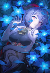 Rule 34 | 1girl, ahoge, bare shoulders, bell, blue flower, blue hair, blush, breasts, cheenack, cowbell, covered erect nipples, flower, ganyu (genshin impact), genshin impact, glowing, grass, half-closed eyes, highres, horns, looking at viewer, lying, on back, on grass, parted lips, petals