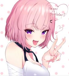 Rule 34 | 1girl, :d, absurdres, bandaged arm, bandages, bare shoulders, blush, breasts, busou kanojo, cleavage, fujisaki touka, hair ornament, hairclip, happy birthday, heart, highres, kazanock, looking at viewer, medium breasts, open mouth, pink hair, purple eyes, short hair, smile, solo, upper body, v, virtual youtuber