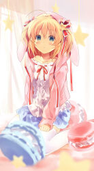 Rule 34 | 1girl, absurdres, ahoge, alternate costume, animal ears, animal hood, aqua eyes, ardbf, arm at side, blonde hair, blue skirt, blurry, blush, casual, center frills, commentary, depth of field, eyelashes, eyes visible through hair, feet out of frame, food, frills, hair between eyes, hair ornament, hair ribbon, highres, hood, hood up, hooded jacket, indoors, jacket, kamikita komari, little busters!, looking at viewer, miniskirt, open clothes, open jacket, parted lips, pink jacket, rabbit ears, red ribbon, ribbon, ribbon-trimmed shirt, shirt, short hair, simple background, sitting, skirt, sleeves past wrists, solo, star (symbol), star hair ornament, sweets, thighhighs, twintails, wariza, white background, white shirt, white thighhighs, window, zettai ryouiki