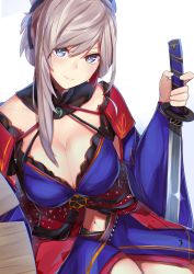 Rule 34 | 1girl, absurdres, asymmetrical hair, blue eyes, blue kimono, breasts, cleavage, clothing cutout, detached collar, detached sleeves, earrings, fate/grand order, fate (series), hair ornament, highres, holding, holding sword, holding weapon, japanese clothes, jewelry, katana, kimono, large breasts, miyamoto musashi (fate), miyamoto musashi (third ascension) (fate), nanakaku, navel cutout, obi, ponytail, sash, short kimono, sitting, sleeveless, sleeveless kimono, smile, solo, sword, unsheathed, weapon, wide sleeves