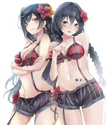 Rule 34 | 2girls, :d, absurdres, bare shoulders, bikini, bikini top only, black shorts, blush, braid, breasts, caicos, cleavage, collarbone, commentary request, cowboy shot, crossed arms, dual persona, flower, front-tie bikini top, front-tie top, grey eyes, hair flower, hair ornament, highres, large breasts, long hair, love live!, love live! nijigasaki high school idol club, multiple girls, nakagawa nana, navel, open fly, open mouth, orange flower, red flower, short shorts, shorts, smile, standing, stomach, suspenders, swimsuit, thighs, yuki setsuna (love live!)