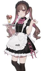 Rule 34 | 1girl, apron, barcode, black socks, blunt bangs, bow, brown hair, cropped legs, cross-laced clothes, cross-laced dress, food, hamunezuko (nezukonezu32), highres, holding, holding tray, ice cream, kneehighs, looking at viewer, maid, maid apron, maid headdress, multicolored hair, original, parted bangs, pink bow, pink eyes, pink hair, pink nails, sidelocks, socks, standing, sundae, tray, twintails, white background