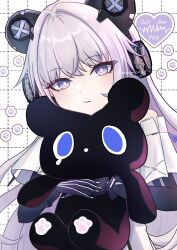 1girl animal_ears bear_ears detached_sleeves fake_animal_ears headgear headphones highres hugging_doll hugging_object mechanical_arms mechanical_ears nmnmpngr punishing:_gray_raven purple_eyes purple_hair short_sleeves solo stuffed_animal stuffed_toy teddy_(pgr) teddy_bear