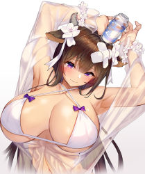 Rule 34 | 1girl, animal ears, arms up, azur lane, bandaid, bandaid on head, bikini, blush, bottle, breasts, brown hair, cow ears, cow horns, cow tail, criss-cross halter, crossed bandaids, flower, hair flower, hair ornament, halterneck, horns, huge breasts, kashino (azur lane), kashino (hot springs relaxation) (azur lane), long hair, looking at viewer, milk, milk bottle, multi-strapped bikini, purple eyes, satou daiji, see-through, simple background, solo, swimsuit, tail, tears, white background, white bikini, white flower
