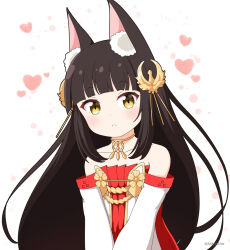 Rule 34 | 1girl, animal ear fluff, animal ears, azur lane, blush, brown hair, closed mouth, commentary request, detached sleeves, dress, fox ears, hair ornament, heart, heart background, highres, long hair, long sleeves, looking at viewer, mitya, nagato (azur lane), red dress, simple background, solo, strapless, strapless dress, twitter username, upper body, very long hair, white background, white sleeves, yellow eyes