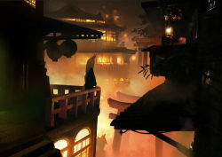 Rule 34 | 1girl, animal ears, balcony, building, commentary request, evening, facing away, fog, fox ears, fox tail, from side, light, long hair, low-tied long hair, original, outdoors, plant, rias-coast, scenery, solo, stairs, standing, tail, tile roof, torii, white hair, wide shot, window