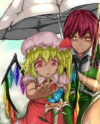 Rule 34 | 2girls, :&lt;, absurdres, blonde hair, braid, bug, butterfly, flandre scarlet, flower, hat, hat ribbon, highres, holding, holding umbrella, hong meiling, bug, jonathan h, lily (flower), multiple girls, outstretched hand, parasol, red eyes, red hair, ribbon, side braid, signature, touhou, umbrella, wings
