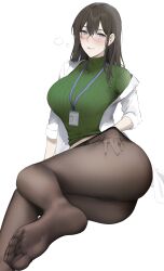 Rule 34 | 1girl, absurdres, alios arvin, ass, breasts, brown hair, feet, glasses, green sweater, grin, hair between eyes, hand under clothes, highres, id card, lab coat, lanyard, large breasts, long hair, long sleeves, looking at viewer, lying, on side, original, pantyhose, purple eyes, ribbed sweater, see-through, see-through legwear, simple background, sitting, smile, soles, solo, sweater, turtleneck, turtleneck sweater, white background