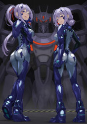 Rule 34 | 2girls, absurdres, armored bodysuit, ass, blue bodysuit, blue eyes, bodysuit, breasts, covered erect nipples, fortified suit, full body, hand on own hip, headgear, highres, kurione (zassou), large breasts, long hair, looking at viewer, looking back, mecha, mole, mole under mouth, multiple girls, muv-luv, muv-luv alternative, original, ponytail, purple hair, robot, shiny clothes, skin tight, standing