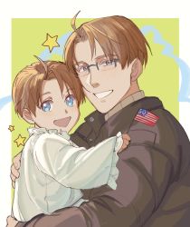 Rule 34 | 2boys, ahoge, america (hetalia), american flag, axis powers hetalia, blonde hair, blue eyes, chemise, child, collar, dual persona, frilled collar, frills, glasses, green background, grin, highres, jacket, long sleeves, looking at viewer, male focus, multiple boys, open mouth, photo-referenced, simple background, smile, star (symbol), time paradox, two-tone background, white background, zhongerweiyuan