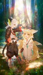 Rule 34 | 00kashian00, 1boy, 1girl, :d, absurdres, animal ear fluff, animal ears, arknights, bead bracelet, beads, black footwear, black gloves, black jacket, black pants, blonde hair, blue skirt, bracelet, commentary request, crossover, day, eyebrows hidden by hair, fingerless gloves, forest, fox ears, fox girl, fox tail, gloves, green eyes, hair between eyes, high-waist skirt, highres, holding, jacket, jewelry, long hair, long sleeves, luo xiaohei, multicolored hair, nature, open clothes, open jacket, open mouth, outdoors, pants, petals, profile, puffy long sleeves, puffy pants, puffy sleeves, shirt, shoes, single glove, skirt, smile, socks, squatting, suzuran (arknights), suzuran (spring praise) (arknights), sword, tail, luo xiaohei zhanji, tree, two-tone hair, very long hair, weapon, weapon on back, white footwear, white hair, white jacket, white shirt, white socks, wide sleeves