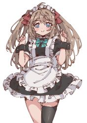 1girl absurdres alternate_costume apron arms_up asymmetrical_legwear black_thighhighs blue_eyes blush bow chinese_commentary commentary cowlick english_commentary enmaided frilled_apron frills green_bow highres indie_virtual_youtuber live2d_inc. maid maid_apron maid_headdress momose_hiyori neuro-sama rune_(dualhart) sidelocks simple_background sketch smile solo thighhighs twintails virtual_youtuber white_background wrist_cuffs