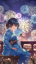 Rule 34 | 1girl, aerial fireworks, bench, black hair, blush, bow, fence, fireworks, floral print, flower, hair bun, hair flower, hair ornament, hand fan, hand on own thigh, highres, idolmaster, idolmaster shiny colors, japanese clothes, kimono, leaf, long sleeves, looking at viewer, morino rinze, night, obi, on bench, open mouth, paper fan, red eyes, sash, shio kouji (shiokojii), short hair, sitting, sky, smile, solo, star (sky), starry sky, uchiwa, wooden bench, wooden chair, yukata