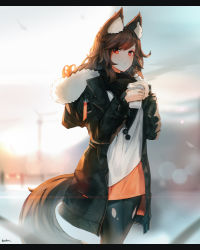 Rule 34 | 1girl, alternate costume, animal ears, black jacket, black pants, blurry, blurry background, brown hair, casual, cowboy shot, cup, ehrrr, hands up, highres, holding, holding cup, hood, hooded jacket, imaizumi kagerou, jacket, long hair, long sleeves, looking at viewer, open clothes, open jacket, outdoors, pants, pocket, pom pom (clothes), red eyes, red shirt, shirt, solo, standing, tail, torn clothes, torn legwear, touhou, white shirt, wolf ears, wolf tail, zipper