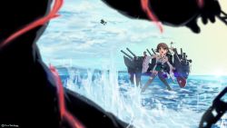 Rule 34 | 10s, 1girl, aircraft, airplane, bare shoulders, blue eyes, brown hair, cannon, character request, detached sleeves, flag, hiei (kancolle), japanese clothes, kantai collection, nontraditional miko, ocean, open mouth, partially submerged, perspective, remodel (kantai collection), short hair, tokihama jirou, twitter username