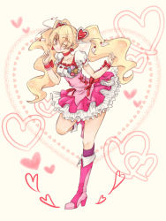 Rule 34 | 00s, 1girl, blonde hair, boots, bow, choker, cure peach, dress, earrings, fresh precure!, frilled skirt, frills, hair ornament, happy, heart, high heels, hirokabii, jewelry, knee boots, kneehighs, long hair, looking at viewer, magical girl, momozono love, one eye closed, open mouth, pink bow, pink dress, pink eyes, pink footwear, pink socks, pink skirt, precure, puffy sleeves, sketch, skirt, smile, socks, solo, standing, standing on one leg, twintails, wink, wrist cuffs