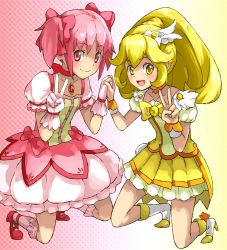 Rule 34 | 10s, 2girls, blonde hair, bow, bubble skirt, choker, crossover, cure peace, dress, gloves, hair flaps, hair ornament, hair ribbon, hogi, holding hands, kaname madoka, kise yayoi, long hair, magical girl, mahou shoujo madoka magica, mahou shoujo madoka magica (anime), multiple girls, open mouth, pink eyes, pink hair, ponytail, precure, ribbon, short hair, skirt, smile, smile precure!, twintails, v, wrist cuffs, yellow bow, yellow eyes, yellow skirt