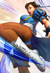 Rule 34 | 1girl, artist request, ass, black pantyhose, boots, bracelet, breasts, brown eyes, brown hair, brown pantyhose, capcom, china dress, chinese clothes, chun-li, cross-laced footwear, double bun, dress, gradient background, hair bun, highres, jewelry, lace-up boots, large breasts, official art, pantyhose, pelvic curtain, solo, spiked bracelet, spikes, street fighter, street fighter v, thick thighs, thighs, white footwear