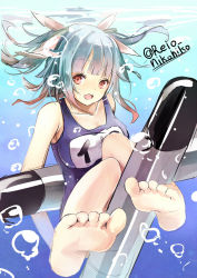 Rule 34 | 10s, 1girl, barefoot, blue hair, blush, breasts, feet, foot focus, hair ribbon, heart, heart-shaped pupils, highres, i-19 (kancolle), kantai collection, long hair, name tag, one-piece swimsuit, open mouth, red eyes, reio reio, ribbon, school swimsuit, smile, soles, solo, swimsuit, symbol-shaped pupils, toes, torpedo, twintails, twitter username, underwater