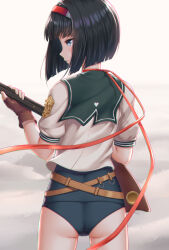 Rule 34 | 1girl, antique firearm, ass, black hair, black one-piece swimsuit, blue eyes, bob cut, fingerless gloves, firearm, gloves, gun, hairband, headband, heart, highres, holding, holding weapon, looking to the side, one-piece swimsuit, rance (series), red ribbon, ribbon, sailor collar, school swimsuit, shirt, short hair, short sleeves, simple background, solo, swimsuit, swimsuit under clothes, weapon, white shirt, yukishiba yanagi, yuzuhara yuzumi