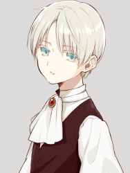 Rule 34 | 1boy, ascot, blouse, blue eyes, chisumi, gem, grey background, long sleeves, looking at viewer, male focus, original, parted lips, shirt, silver hair, simple background, solo, upper body, vest, white ascot