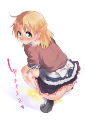 Rule 34 | 1girl, ass, black footwear, blonde hair, blush, breasts, breath, clothes lift, ear blush, embarrassed, female focus, from behind, full body, fur trim, green eyes, hair intakes, heart, highres, japanese text, lifted by self, long hair, looking at viewer, looking back, medium breasts, mizuhashi parsee, nose blush, onsen mikan, panties, panty pull, parted lips, pee, peeing, pointy ears, puddle, red shirt, shiny skin, shirt, shoes, short sleeves, simple background, skirt, skirt lift, socks, solo, sparkle, squatting, steam, sweat, teeth, touhou, translation request, underwear, white background, white panties, white socks